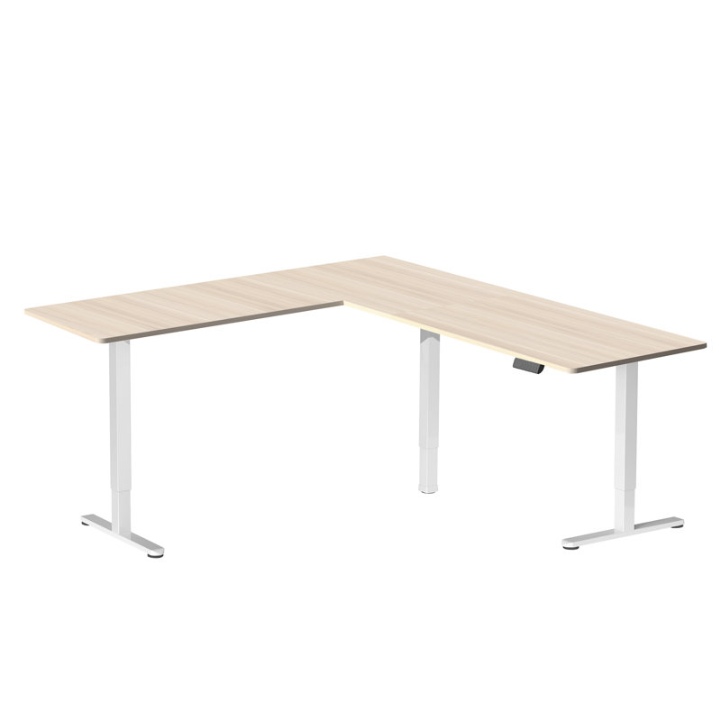 VIVO Electric Corner Desk, L-Shaped Workstation, Light Wood/White, 74.8" W x 63" D
