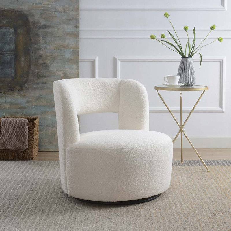Fauteuil demi-tonneau pivotant en tissu Teddy, Nounours crème