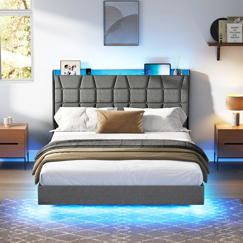 Floating Bed Frame with LED Lights, Charging Station, Tufted Storage Headboard, No Box Spring Needed, Light Gray, Full
