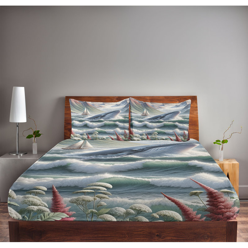 Drap-housse et taie décorative Ambesonne, baleine, montagnes, bateau, bleu-vert et rubis, Très grand