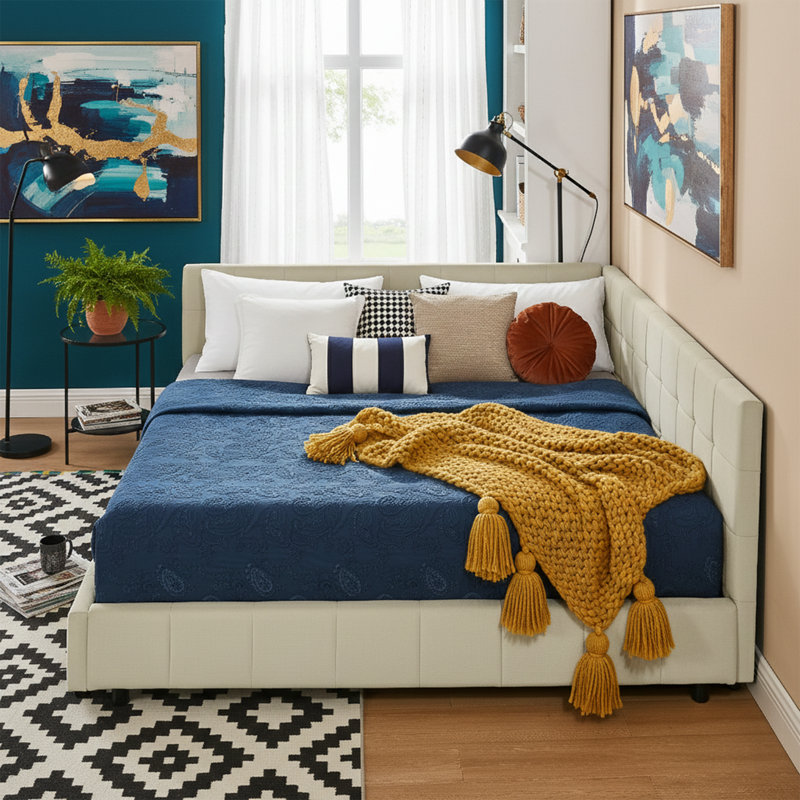 85.5 Inch W Queen Size Upholstered Tufted Daybed Frame With Backrest And Armrests Black Velvet, Beige