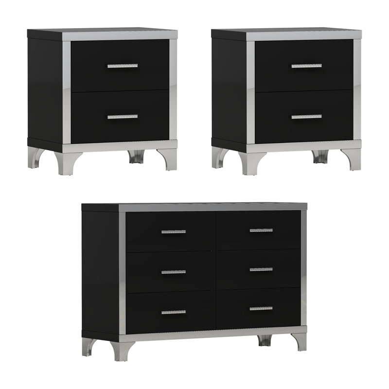 3-Pieces Sets,Dresser And Two Nightstands With Metal Handles And Mirror Decoration, Elegant And Subtle, Black