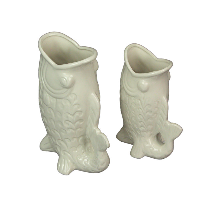 Ensemble de 2 vases décoratifs en forme de poisson en céramique blanc brillant Coastal, 6,75 pouces de hauteur
