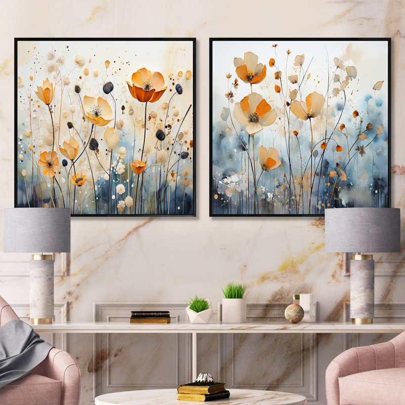 «Beige Minimalist Blossoms - Abstract Botanicals Square», ensemble de 2 collages carrés, Cadre flottant noir