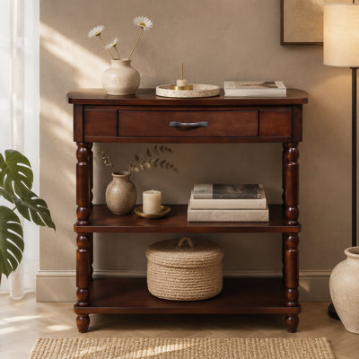 33.8'' Small Triangle Corner Table, Wood Corner Side Table for Small Spaces/ Living Room, 3 Tier End Corner Table with Solid Wood Legs, Light Espresso