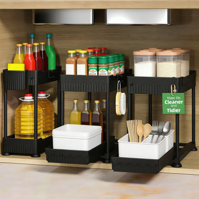 3-Pack Under Sink Organizers, 2-Tier With Sliding Drawers, Black, 12.8 Inch For Kitchen And Bathroom