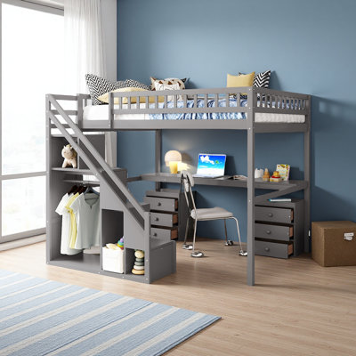 Lit mezzanine avec deux commodes, bureau et bande lumineuse