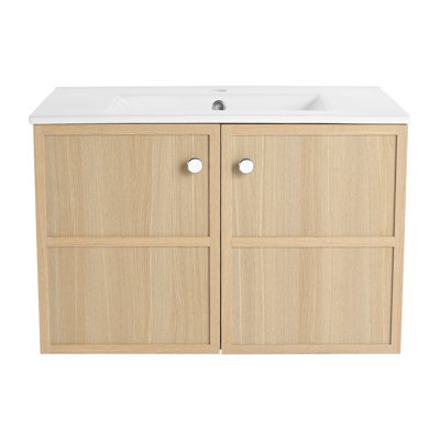 30" Bathroom Cabinet With Ceramic Basin - Oak Plywood, Doors, Ample Storage Volume, Easy Assembly Work Sink Door Design, Sufficient
