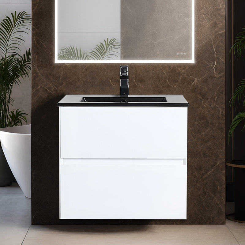 Meuble-lavabo mural 24 po avec lavabo - armoire murale en bois avec comptoir en céramique noir mat, tiroirs à fermeture en douceur et meuble-lavabo simple moderne
