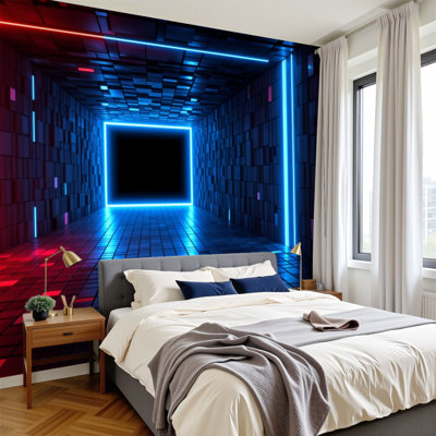 Neon Peel and Stick Wallpaper Futuristic Neon Corridor Red Blue Glowing Lights Geometric Tiles Wall Murals 100"H x 144"W Removable PVC Wall Paper Self-Adhesive Wall Decor for Bedroom Living Room Home Office