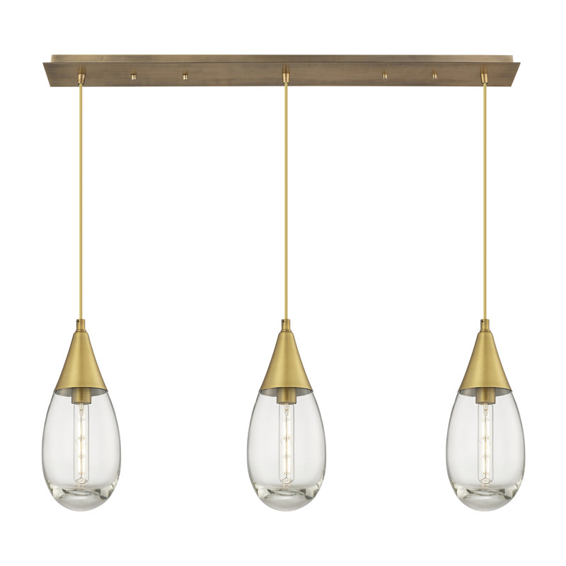 Luminaire suspendu pour îlot de cuisine 3 lumières Rafael, Laiton brossé, Transparent