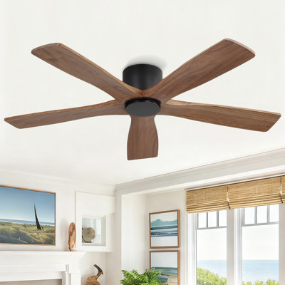 Milan 54inch 6 Solid Wood Blades Dc Motor Indoor Flush Mount Ceiling Fan With Remote, Black and Walnut