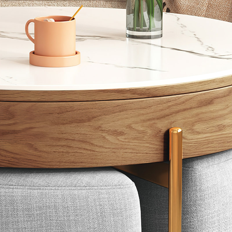 Modern Round Faux Marble Lift-Top Coffee Table Set with Stools and Storage