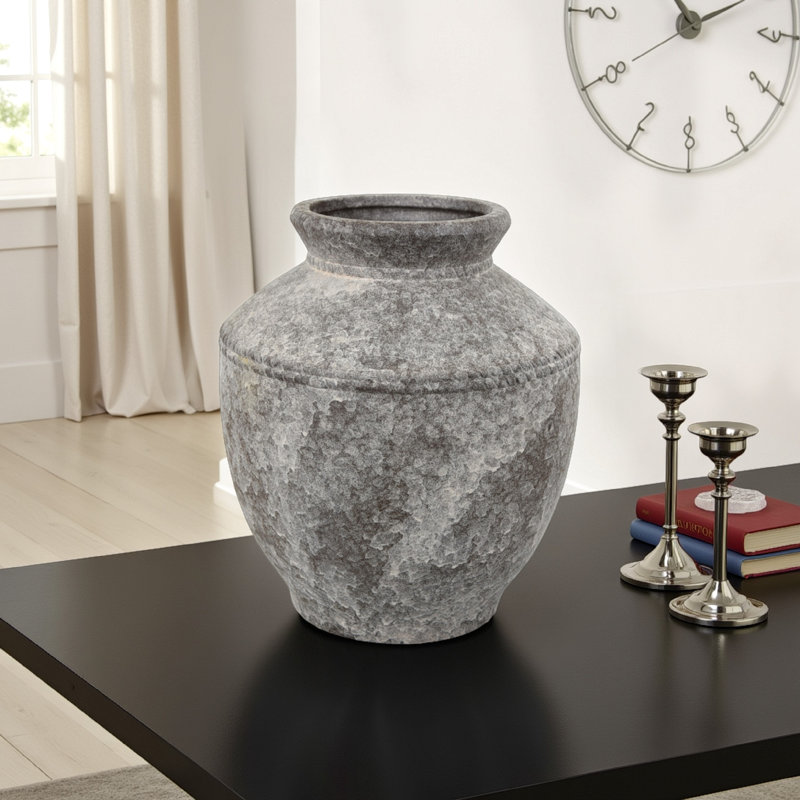 Vase décoratif, céramique brun-gris antique, forme de pot moderne, 16 pouces