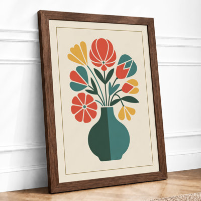 Geometric Florals in Teal Mid-Century - Framed Print
