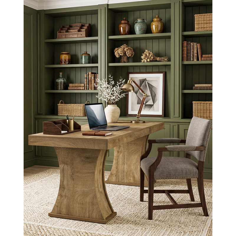 Bureau d'ordinateur 79 "en bois, bureau de direction de ferme avec base à piédestal incurvé, brun naturel