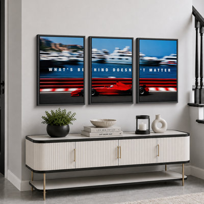 Red Racing Car Speed Quote Artwork, Game Room Pictures, Framed Canvas Giclee Print 3 Pieces Wall Art