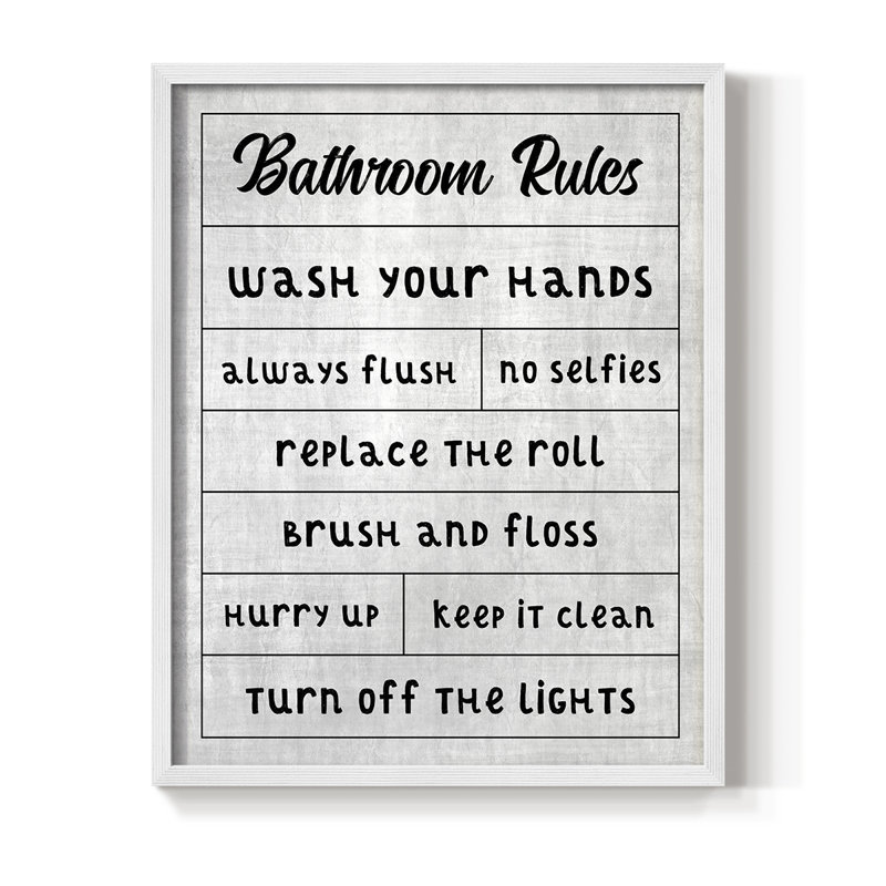 «Simple Bathroom Rules», reproduction encadrée - bois massif