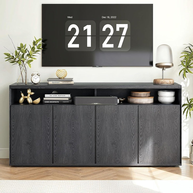 Buffet moderne avec 4 portes et tablettes, console Coffee Bar, noir et gris