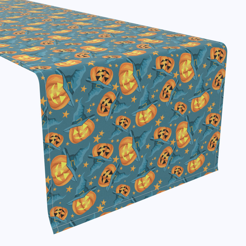Geometric Halloween Table Runner, 72" x 12", Pumpkin Witch Hat and Stars