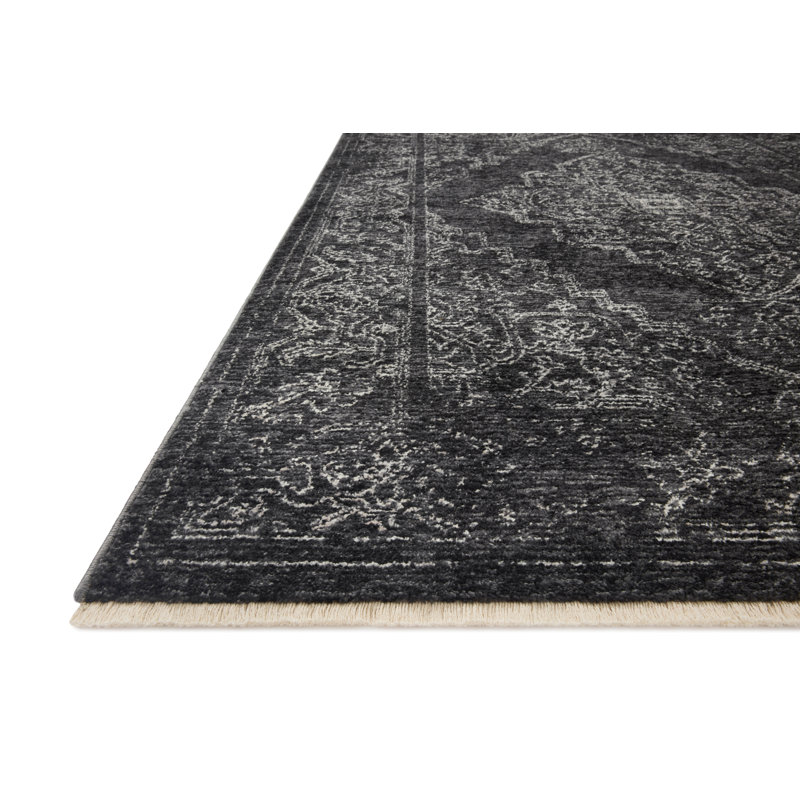 Charcoal and Dove Synthetic Runner Rug with Vintage Medallion Design