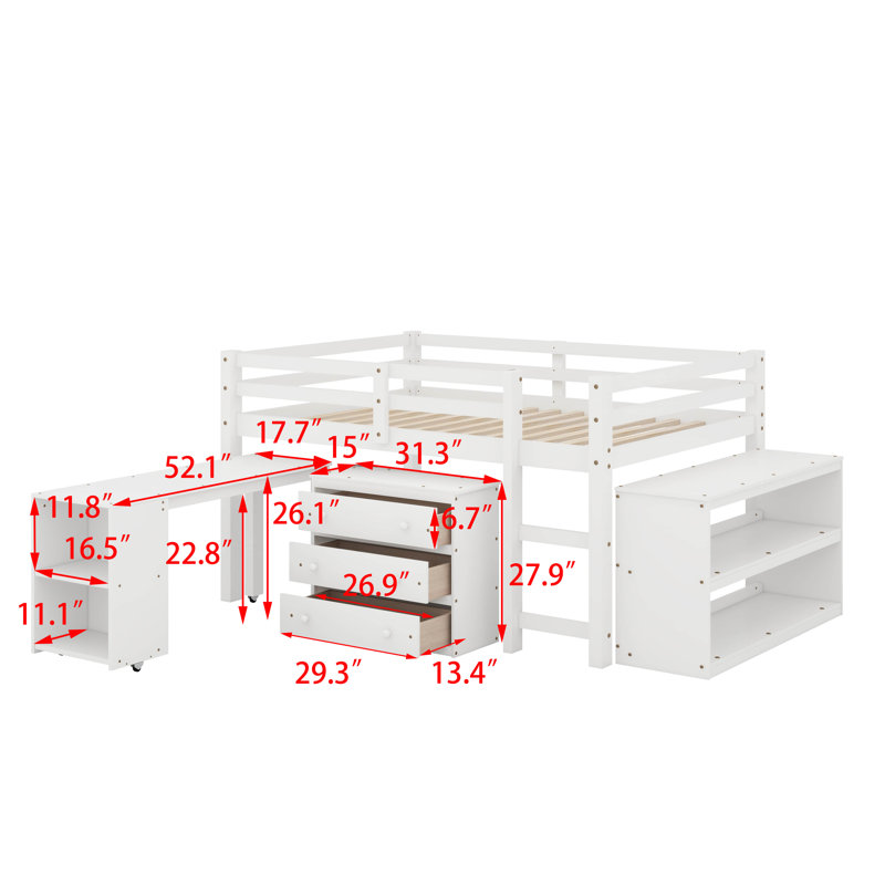 Lit mezzanine double avec armoire, tablettes et bureau