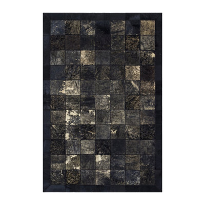 Beige Detailed Black Cowhide Patchwork Rugs