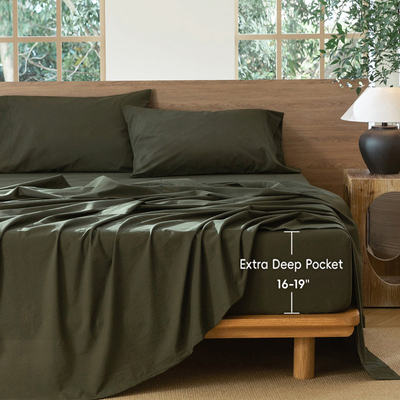 MooMee Fitted Sheet Only Extra Deep Pocket 100% Washed Cotton Linen Like Textured Lightweight Breathable, Queen , Olive Green