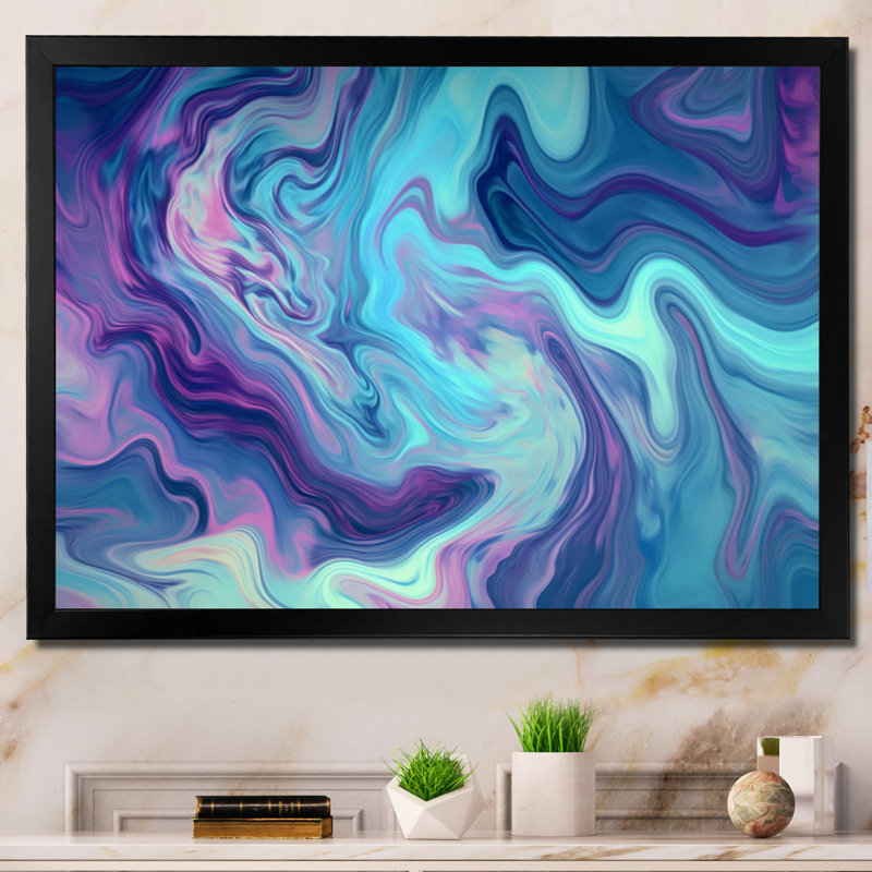 Turquoise mauve marbré fusion I - impressions sur toile abstraites, H 16 po x l 32 po x P 1 po, Cadre simple noir
