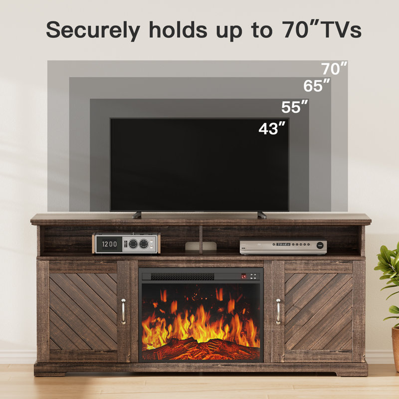 Farmhouse TV Stand for TVs up to 70" with 23" Electric Fireplace, Adjustable Shelves & Cabinet Storage, Brown