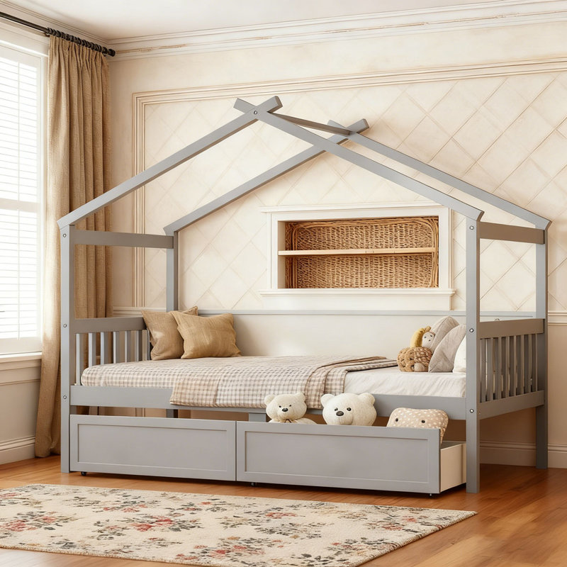 Lit en bois avec tiroirs, gris, Simple
