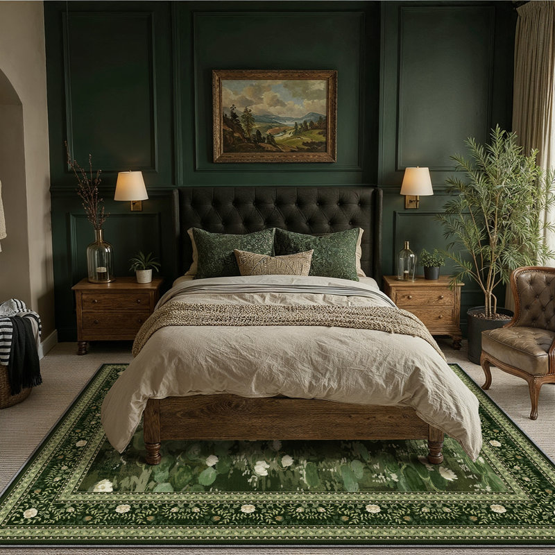 Aura Waterlily Art Machine Washable Area Rug, Rectangle 6' x 9', Green