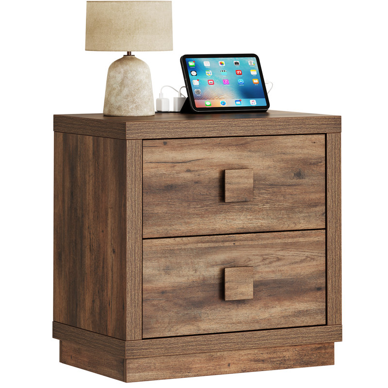 23.4"  Modern Nightstand with Charging Station and 2 Drawers, Bedside End Table for Bedroom Living Room, Brown