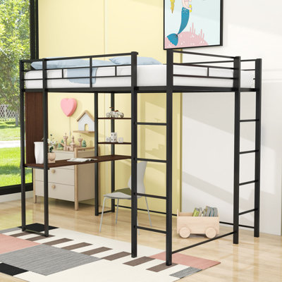 Lit mezzanine double en métal avec bureau intégré et tablettes de rangement