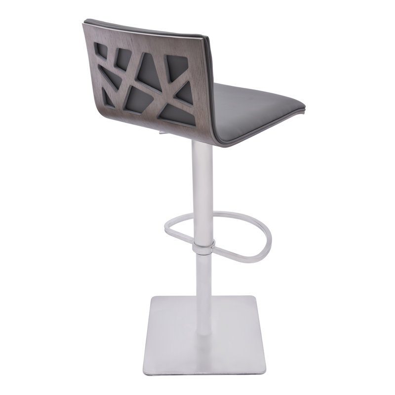Bjorn Swivel Adjustable Height Upholstered Bar Stool with Pedestal Base in Brushed Stainless Steel, Gray Walnut