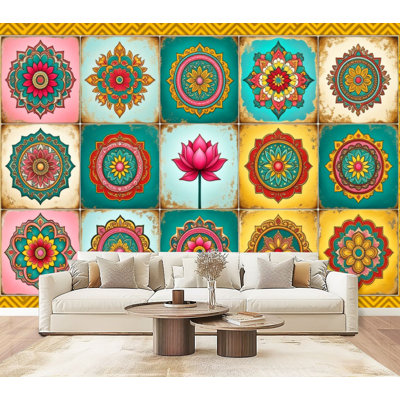 Peel and Stick Wallpaper 96" W x 69" H Modern Self Adhesive Wall Mural for Bedroom Vibrant Mandala Flower Patterns Lotus Vintage