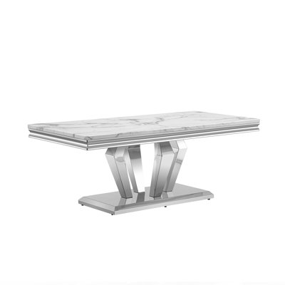 46.85" Marble Coffee Table, Modern White Faux Marble Center Table with Diamond-Shape Mirrored Base, Luxury Rectangular Accent Sofa Table Cocktail Tables for Living Room Apartment