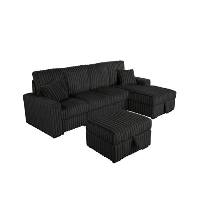 4 Piece Plush Corduroy Sectional With Pullout Loveseat Bed, Storage Chaise, & Ottoman