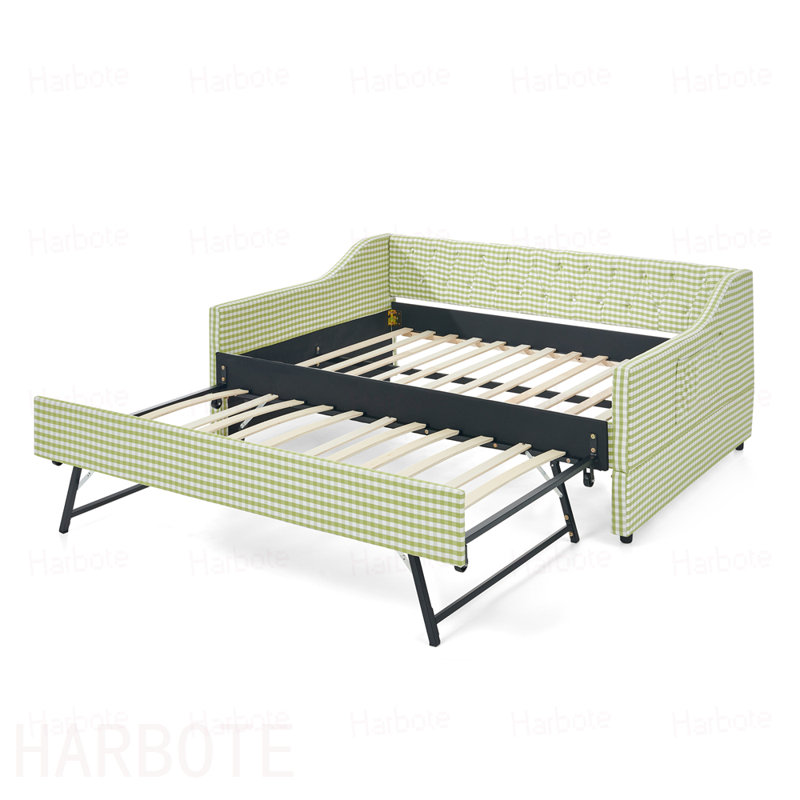 Lit de jour double, lit de jour convertible rembourré avec dossier capitonné, canapé-lit polyvalent 3 en 1 avec lit gigogne escamotable et rangement latéral