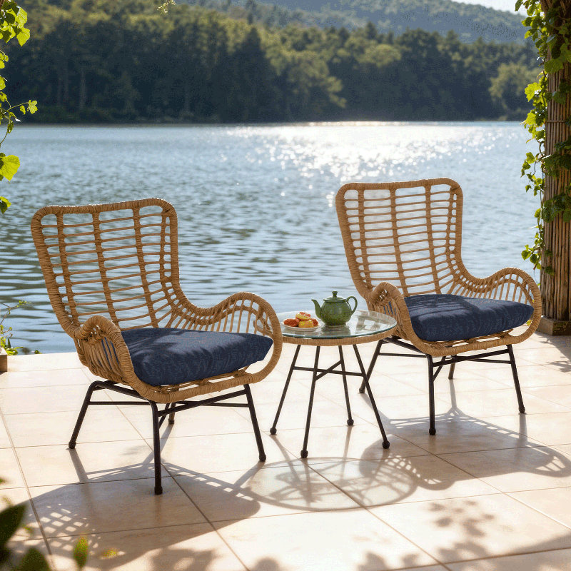Rattan Patio Set With UV-Resistant Cushions & Glass Top Table 250Lb Capacity Outdoor Conversation Set​​, Blue