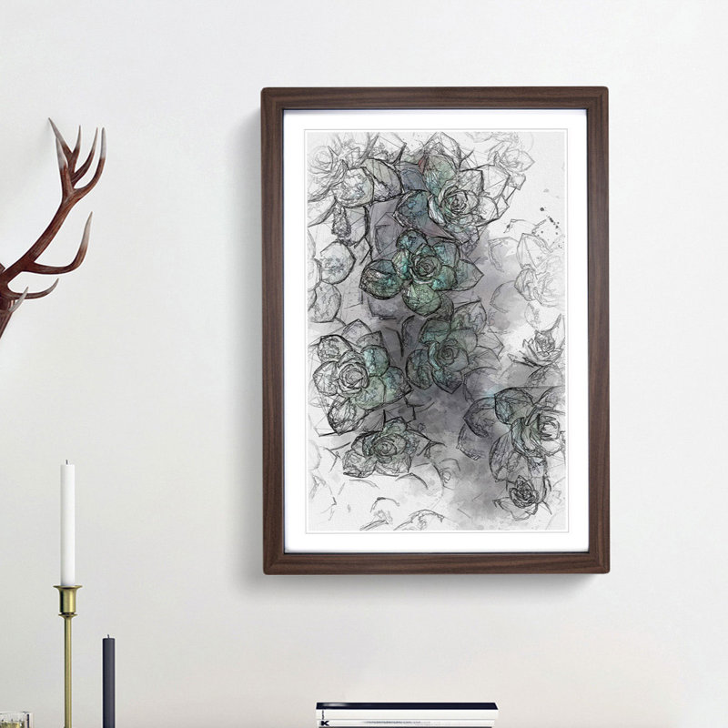 Green Succulent in Bloom in Abstract - Picture Frame Graphic Art Print, Walnut Framed, 36cm H x 27cm W x 2cm D
