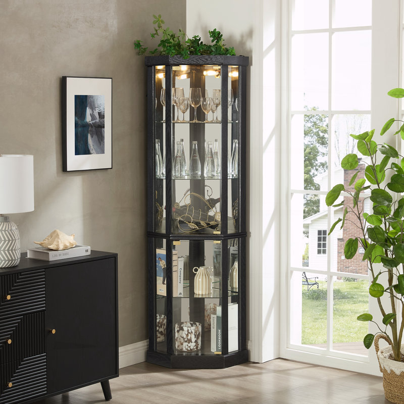 Corner Glass Cabinet Lighted Curio Cabinet Corner Display Case, Black