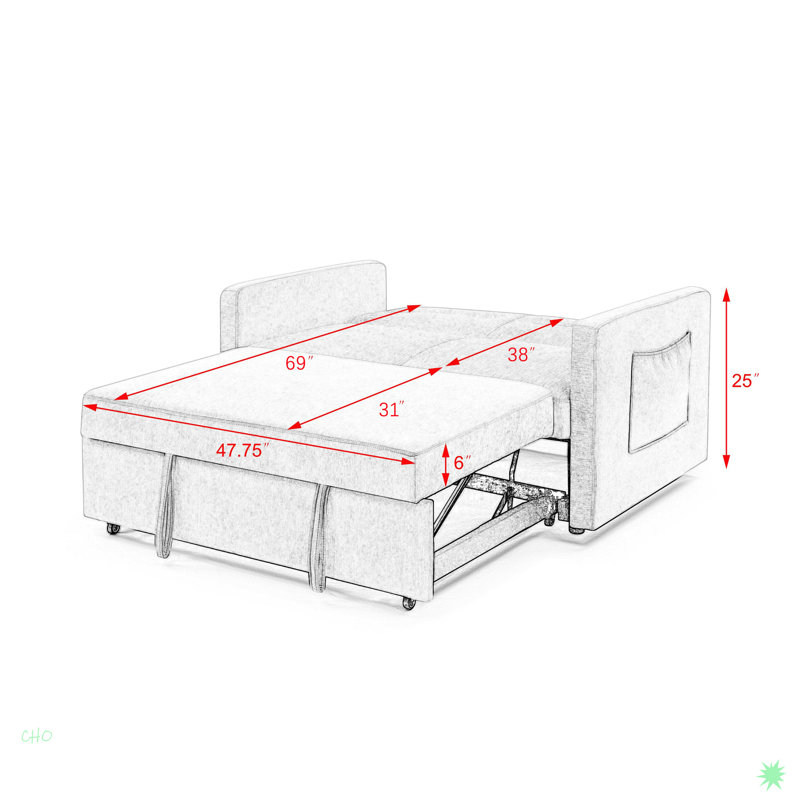 Loveseats Sofa Bed With Pull-Out Bed,Adjsutable Back And Two Arm Pocket