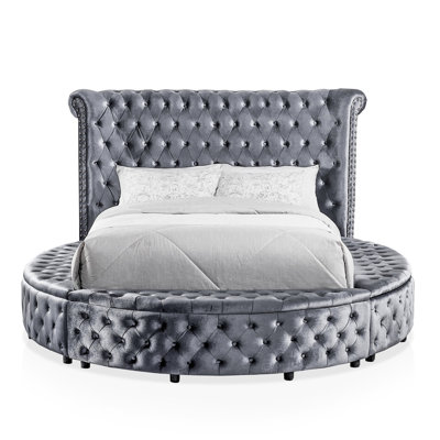 King Size Round Bed In Gray With Velvet - Like Fabric, Padded Flannelette, And Ports On Each Side Upholstery, Button Detailing