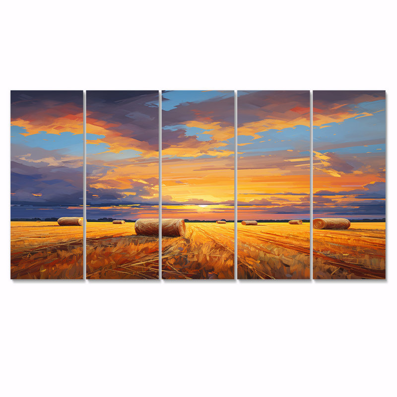 Ensemble de 5 balles de paille sur un coucher de soleil d'été - Wheatfields - Prairies, art mural 5 pièces, H 28 po x l 60 po
