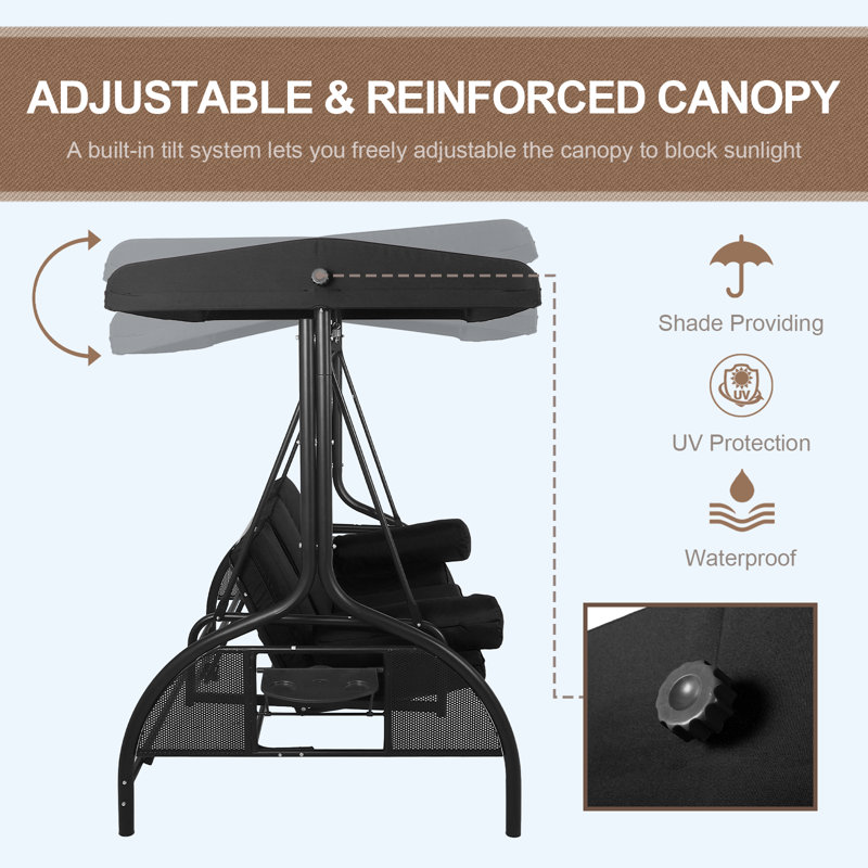 Black Steel 3-Person Outdoor Patio Swing with Adjustable Canopy