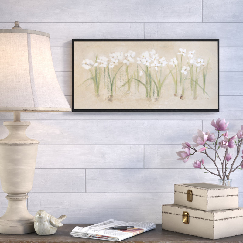 Narcisses en rangée, reproduction d'art sur toile tendue, H 12 po x l 24 po x P 2 po, Cadre noir