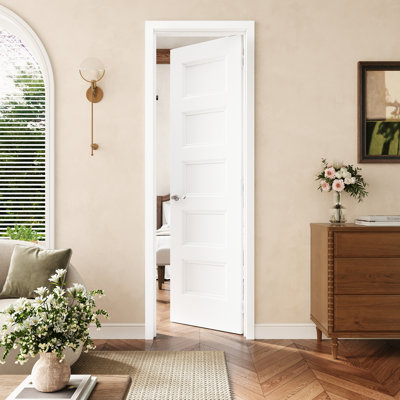 24" X 80" 5-Panel Hollow Core Interior Prehung Door With Silver Hinges, White Finished & Paintable, Durable & Waterproof, Suit For Laundry, Closet Doors, Room Doors, Right Hand