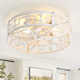 Babson 20" Flush Mount Smart Caged Distressed White Ceiling Fan with Light and Remote Control