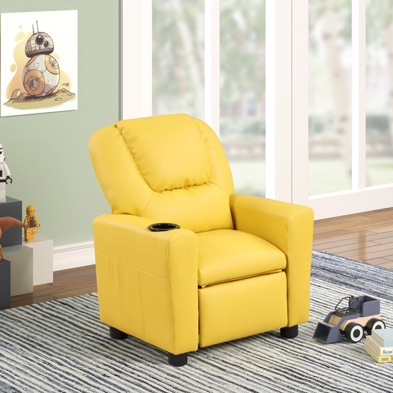 Fauteuil inclinable pour enfants en cuir de polyuréthane de 23 po avec porte-gobelet Marisa, Jaune
